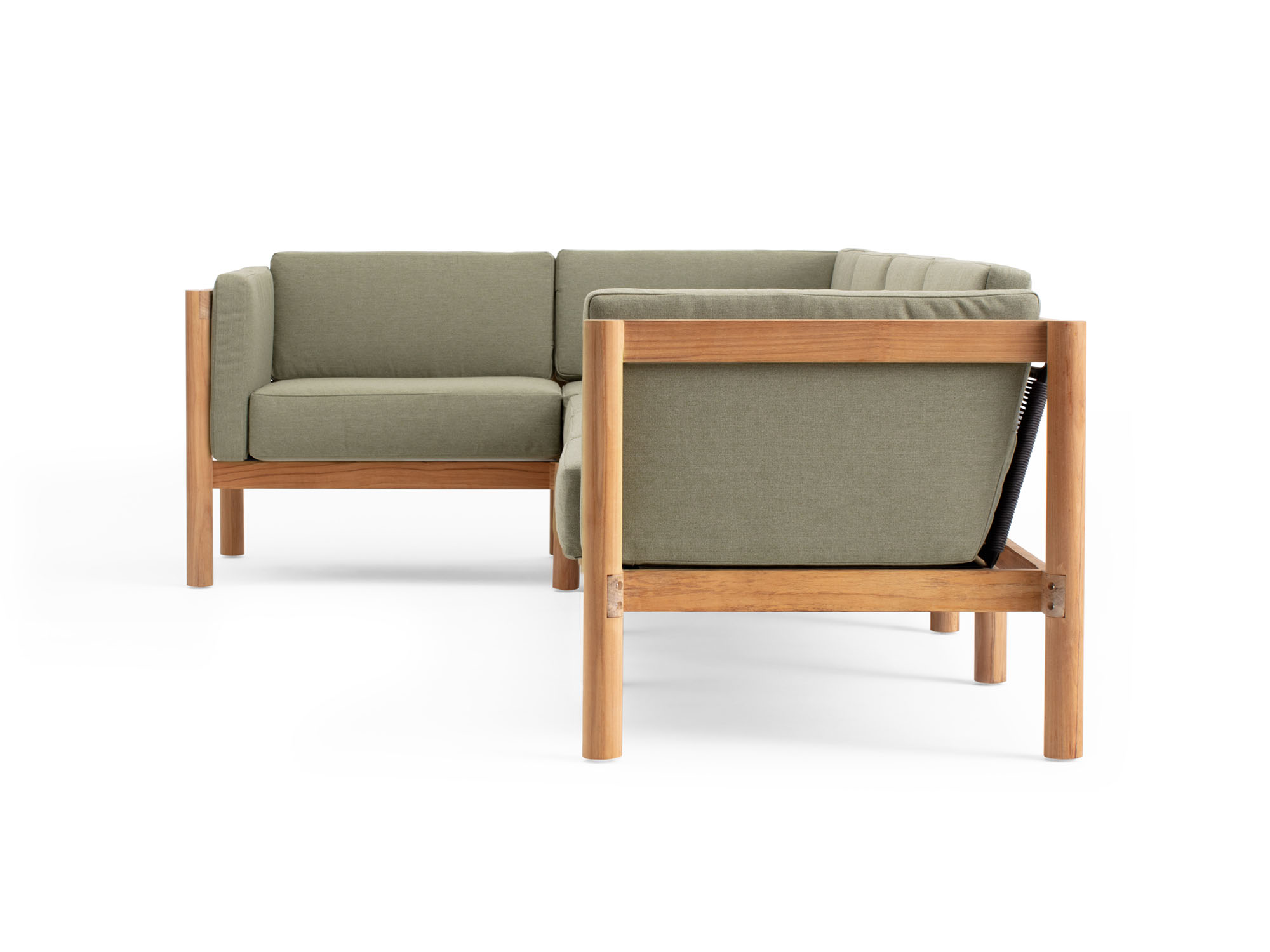 Side view of 4-piece outdoor sectional with green arm cushions